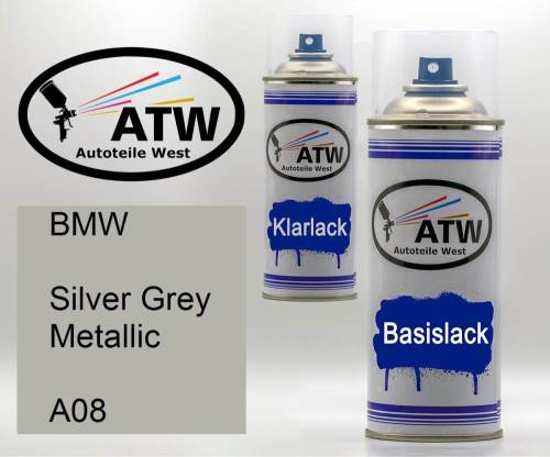 BMW, Silver Grey Metallic, A08: 400ml Sprühdose + 400ml Klarlack - Set, von ATW Autoteile West.